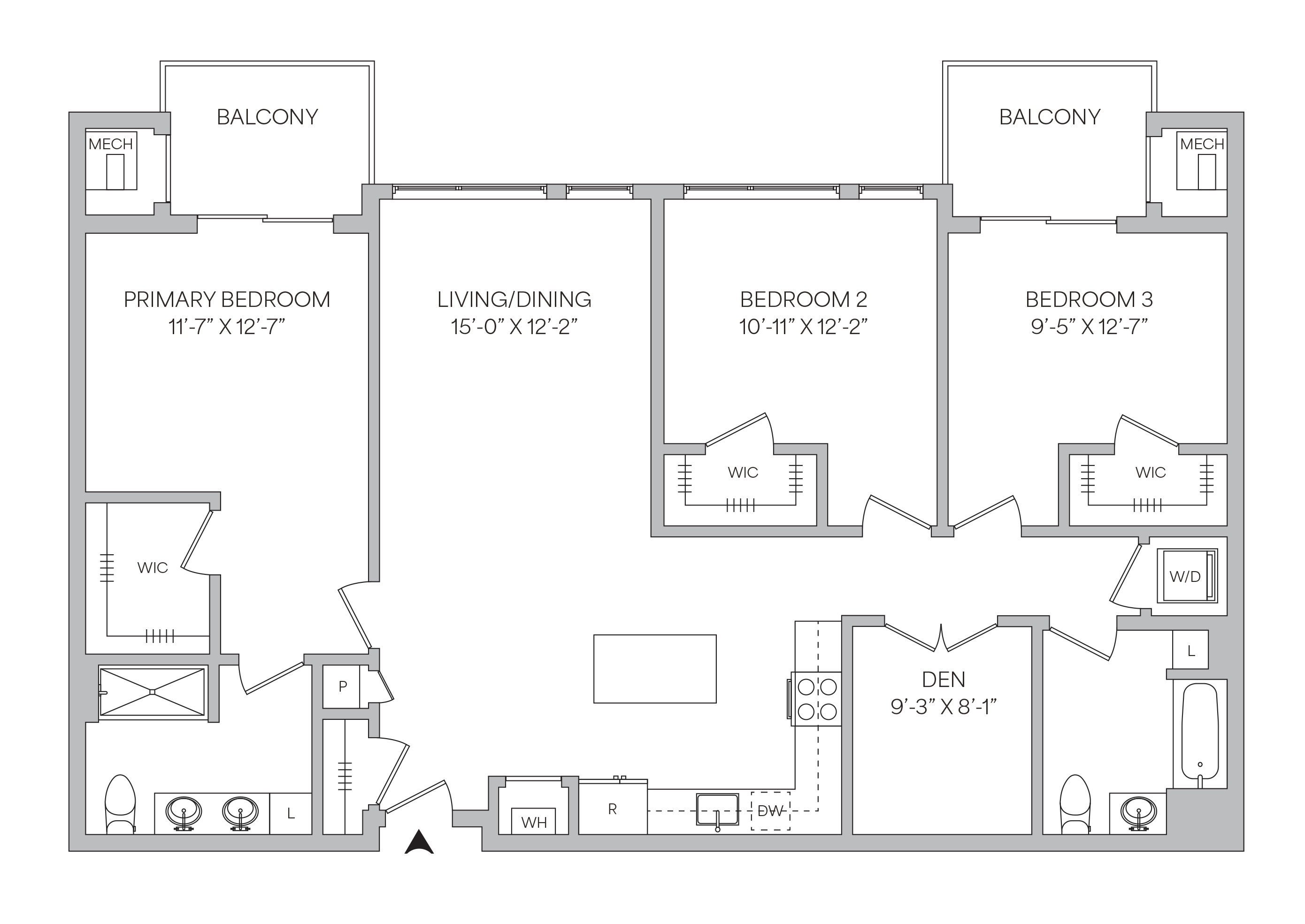 Floor plan for 3 beds, 2 baths, 1521 sqft